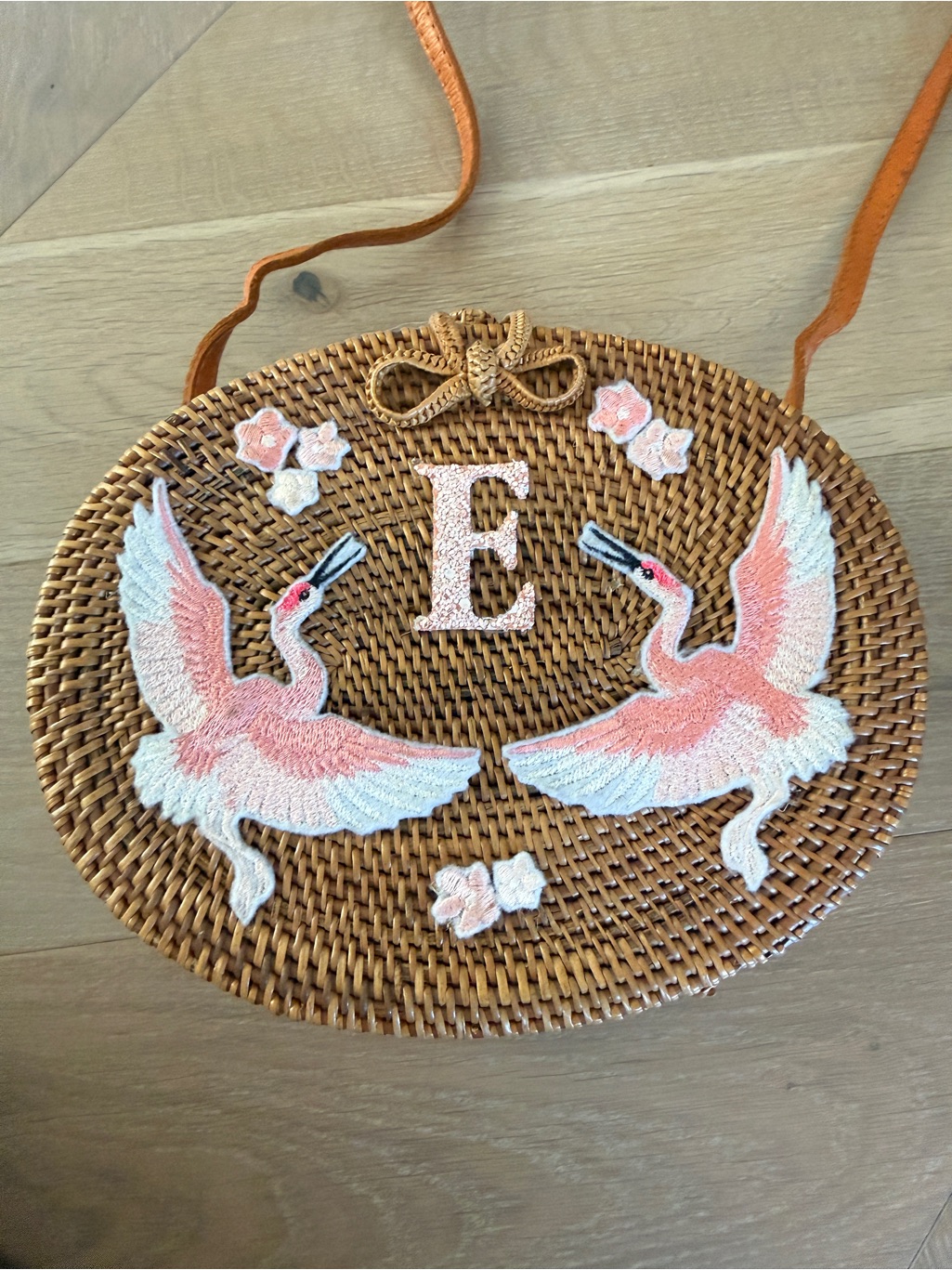 Lily & Bean Oval Rattan Bag - Crane Pink Bird And Letter E